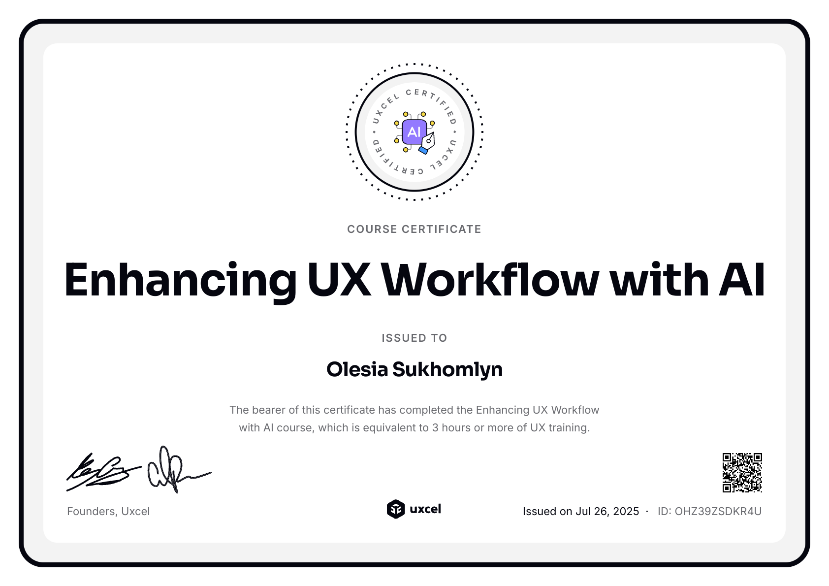 Olesia Sukhomlyn's certificate